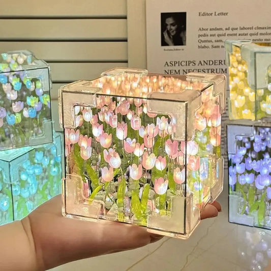 DIY Tulip Mirror Cube Lamp – Handmade Craft Simulation Flower Night Light